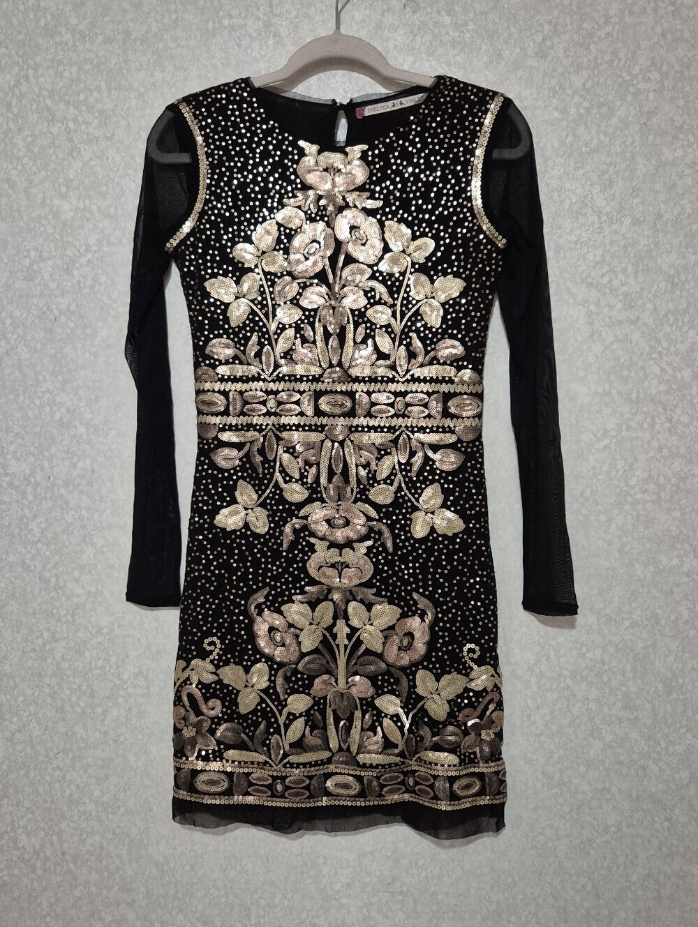 Chelsea & Violet Black Long-Sleeve Embroidered Sequin Sheath Dress..Size:S